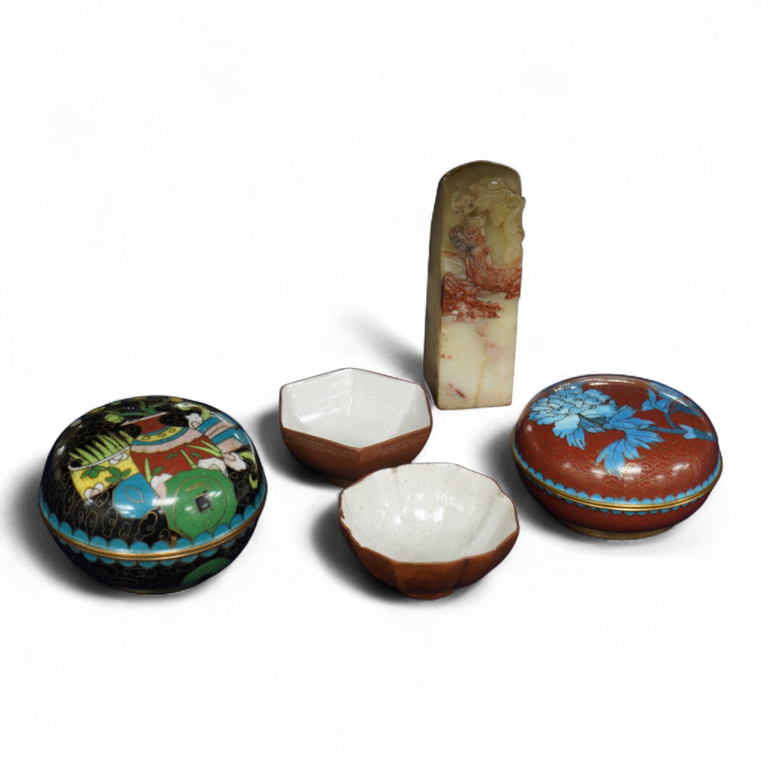 Two 18th century Yixing cups, a Chinese soapstone seal and two covered cloisonne pots, seal 11cm high